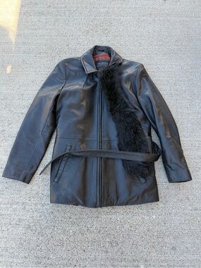 Wilsons Leather Mid length black 100% leather belted jacket removable lining Lg